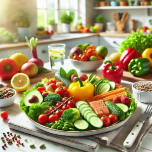 DALL·E 2024 07 24 02.51.24 A vibrant healthy meal consisting of a colorful array of fruits vegetables whole grains and lean proteins arranged beautifully on a plate. The bac