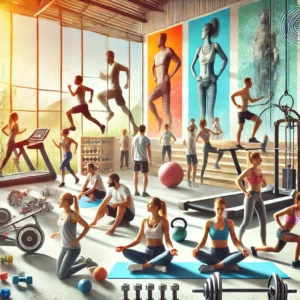 DALL·E 2024 07 24 09.56.10 A diverse group of people engaging in various fitness activities in a bright and modern gym. The scene includes individuals doing yoga lifting weight