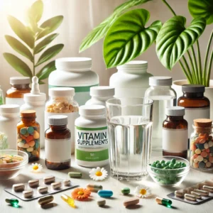 DALL·E 2024 07 24 10.13.15 A collection of various supplements including vitamin bottles capsules and powders displayed on a clean white surface. The background features a
