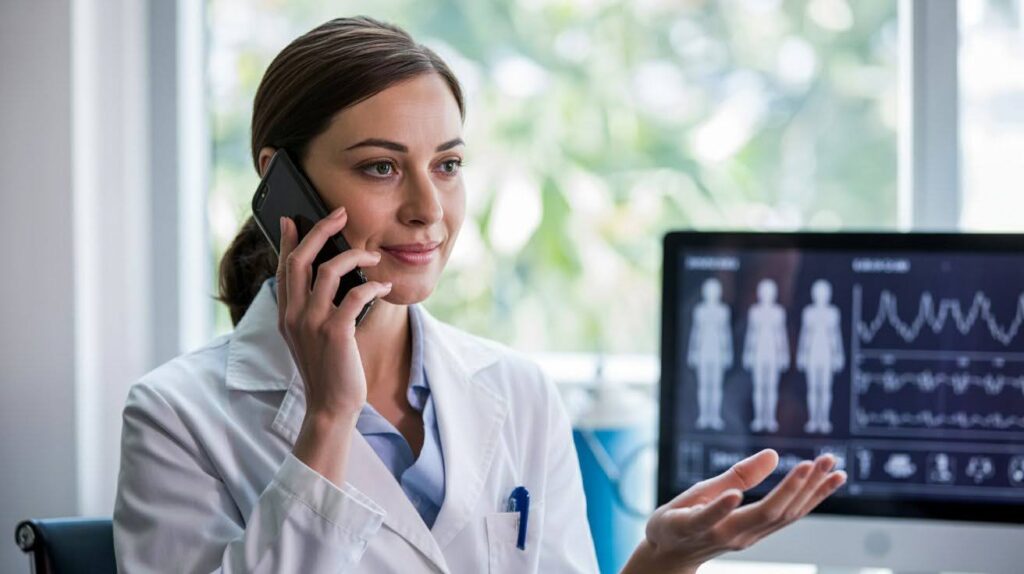 Doctor conducting a telehealth appointment with patient while updating medical records on a laptop