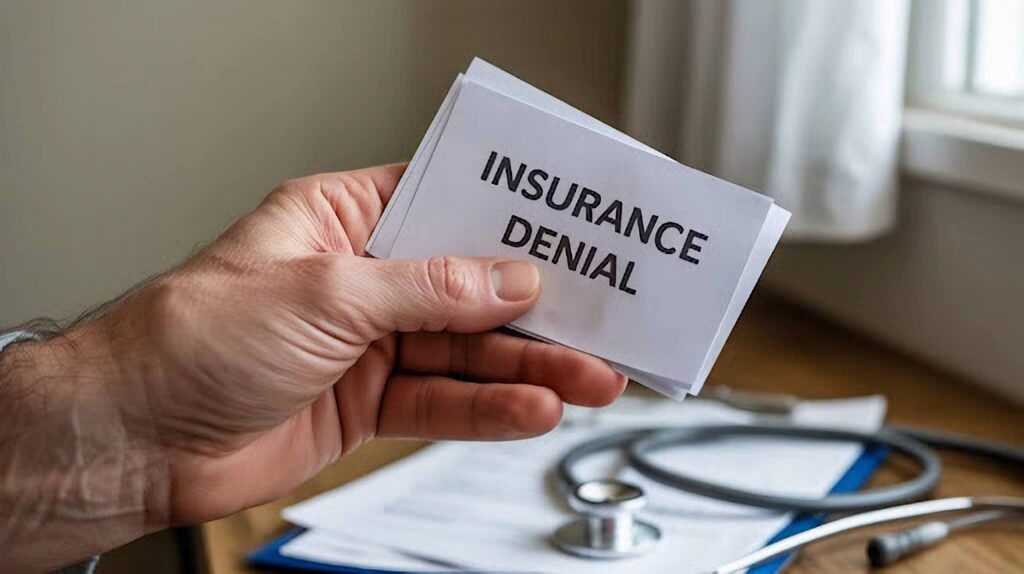 Insurance denial form with red ‘Denied’ stamp and stethoscope on a desk