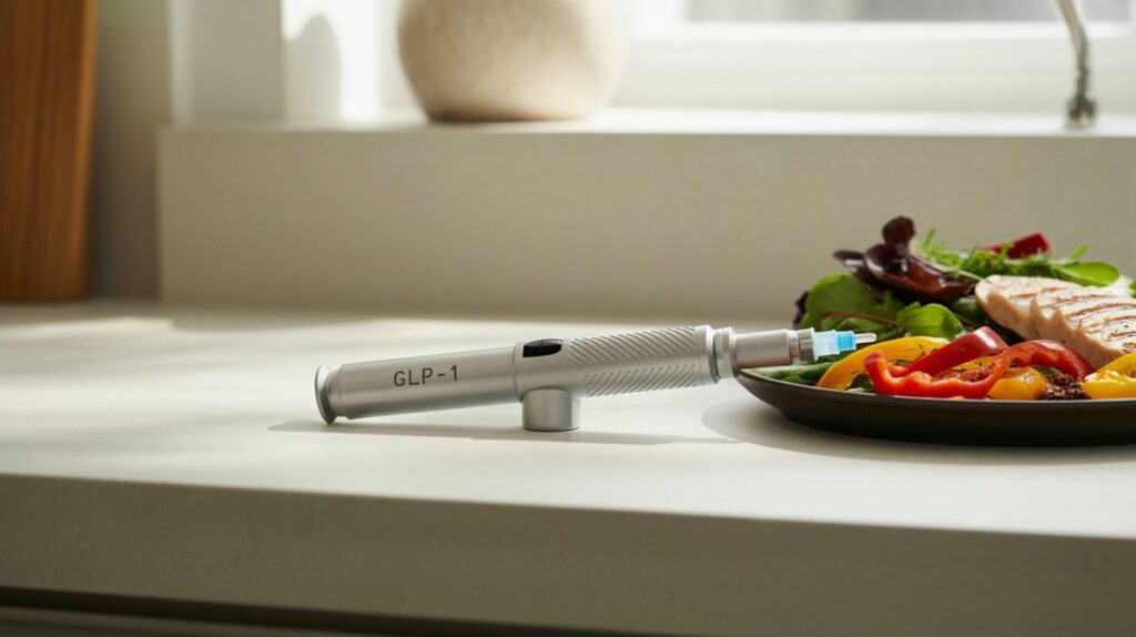 GLP-1 medication pen and healthy meal representing medical weight loss support