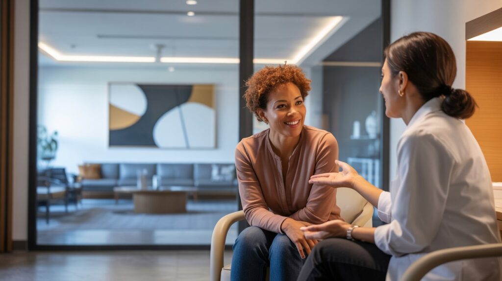 Friendly Ventura weight loss clinic provider consulting with patient about GLP-1 treatment